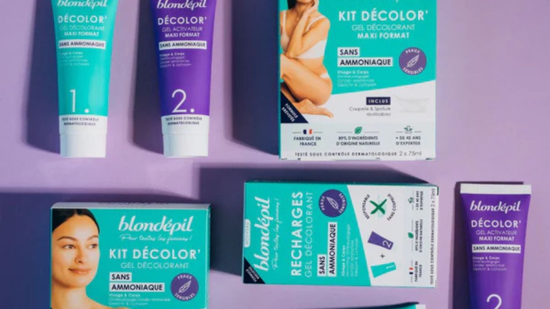 Kit de décoloration des poils Blondépil, présenté sur fond violet, avec des tubes et boîtes indiquant une formule sans ammoniaque, adaptée aux peaux sensibles.